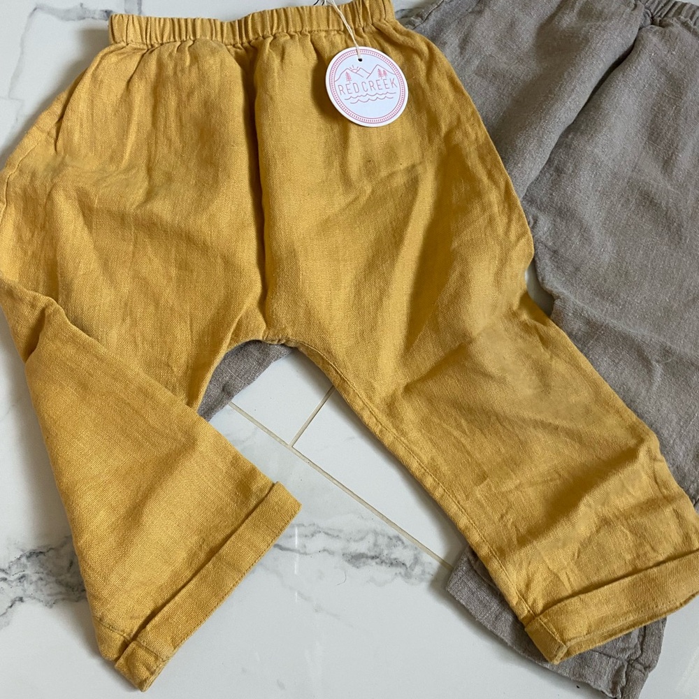REDCREEK Kids 100% Linen Elastic Waist Pants - Mustard